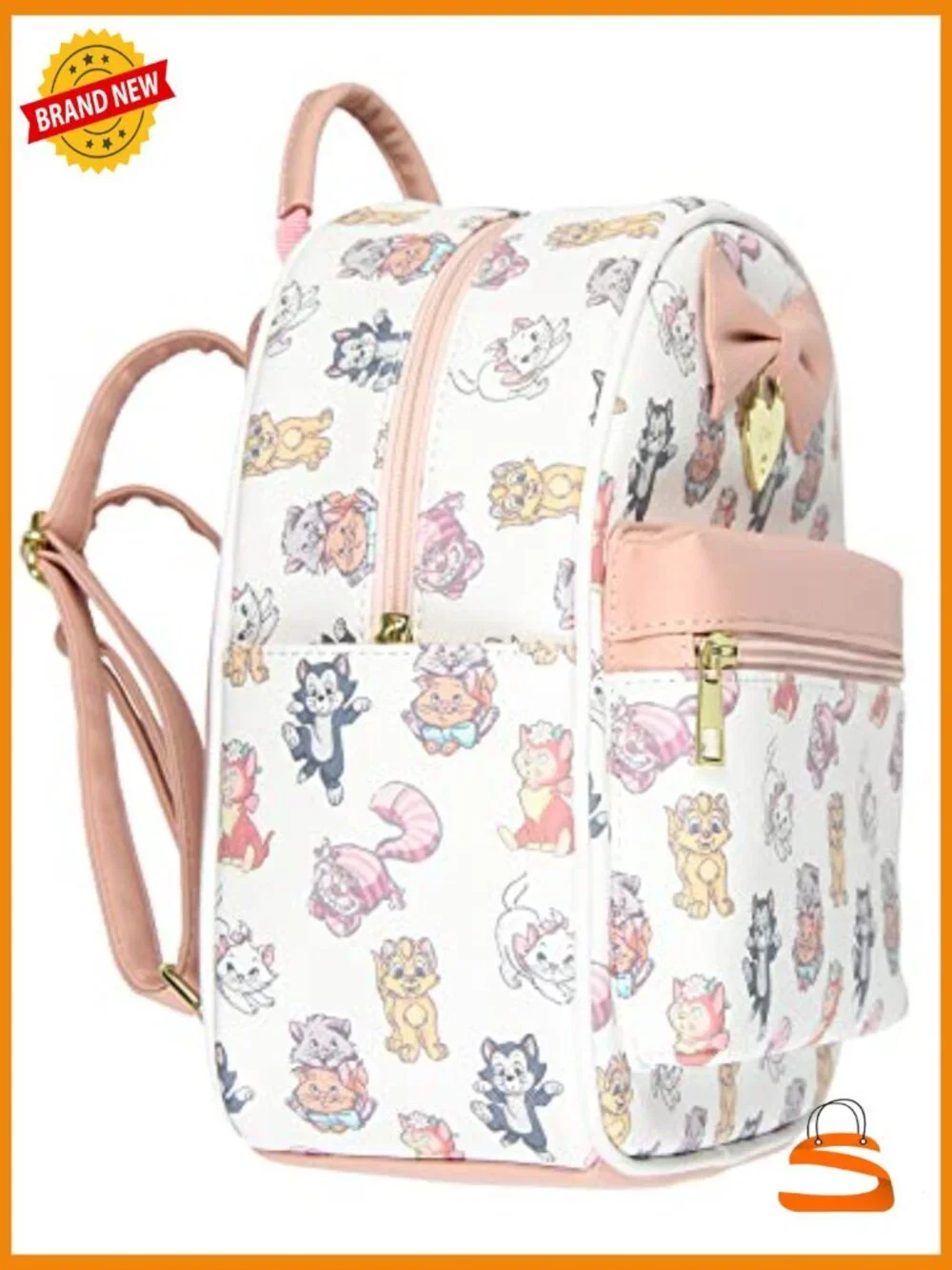 Mini Backpack Tote Bag - Faux Leather with Cartoon Cats Print
